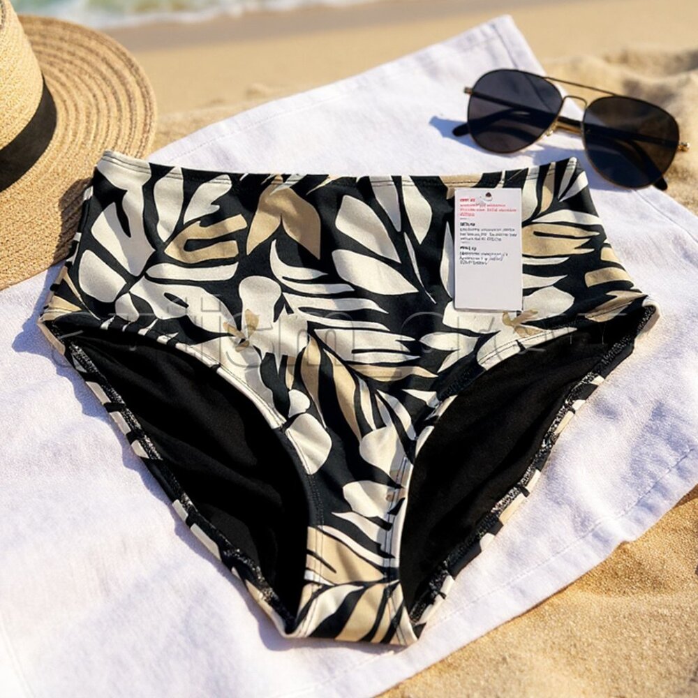 B💲11 💥🆕 Old Navy Black/Cream/Tan Flower/Leaves Bikini Swimsuit | Small | 0881